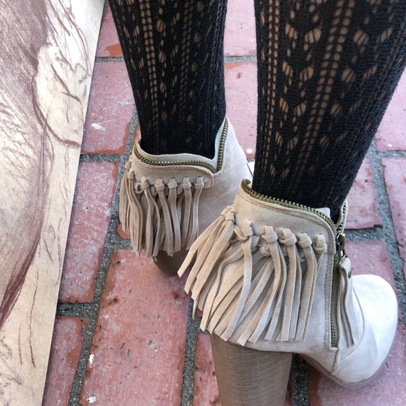 Beige Fringe Zipper Detailing Cowgirl Booties - Picture 2 of 8